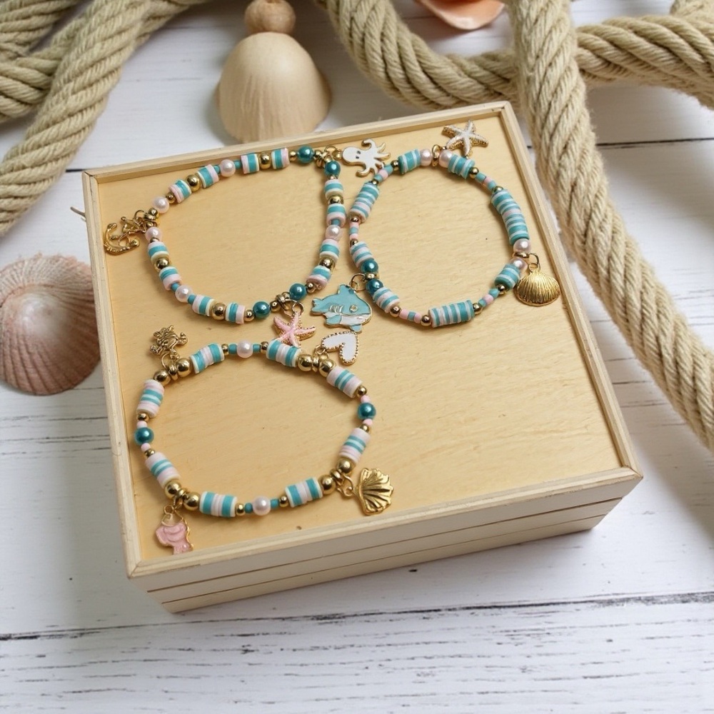 Gold, Pink and Blue Beaded Ocean Themed Charm Bracelets